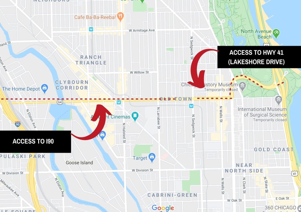 A map of highway access around Chicago's Gold Coast neighborhood