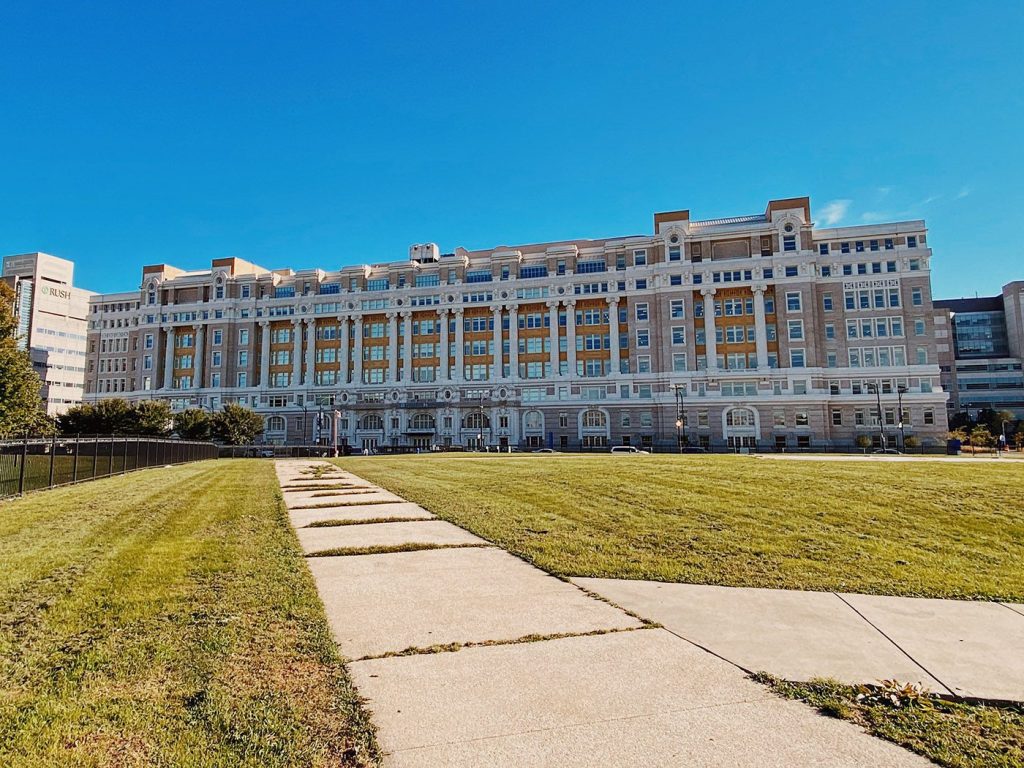 A look toward the Cook County Hospital Building in the Illinois Medical District