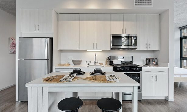 A kitchen space inside one of South Loop's newest apartments, Coeval