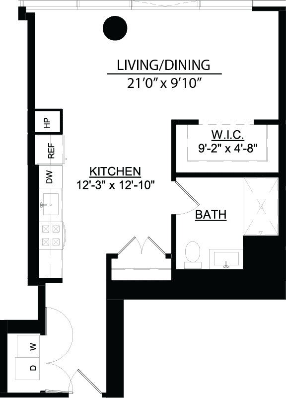 A studio apartment floor plan at Imprint apartments in Chicago's Printer's Row