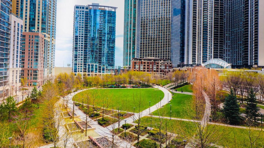 A birds eye view of Lakeshore East Park in Chicago