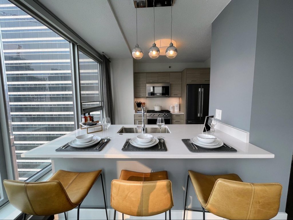The remodeled kitchen space at Left Bank apartments in Chicago 
