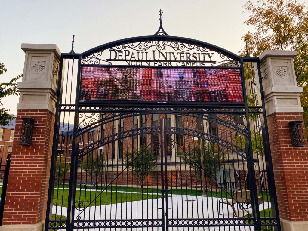The gates outside Lincoln Park's DePaul University