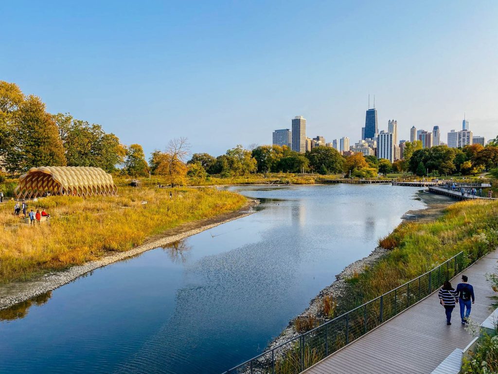The South Pond, and a view of downtown Chicago, in Lincoln Park