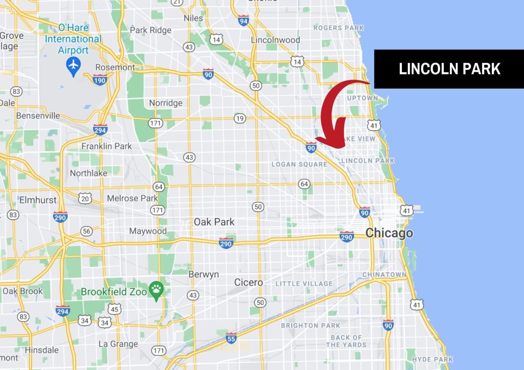 A map of downtown Chicago and where Lincoln Park is