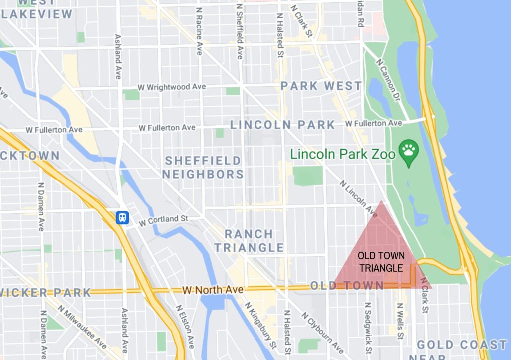 A map of where the Old Town Triangle neighborhood is in Chicago's Lincoln Park