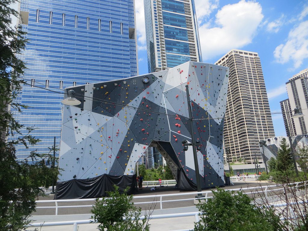 The climbing wall at Maggie Daley Park in Chicago's Lakeshore East neighborhood