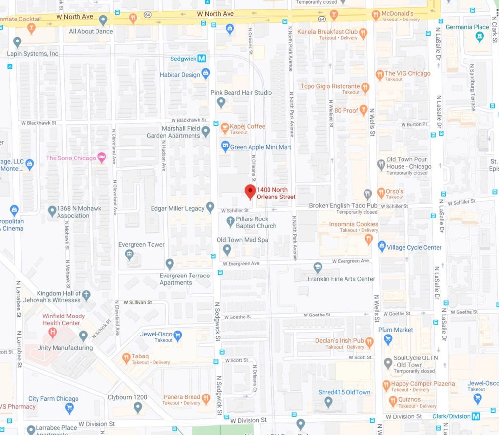 Map of the neighborhood surrounding the new Old Town Residences, a new apartment building in Chicago's Old Town neighborhood. 