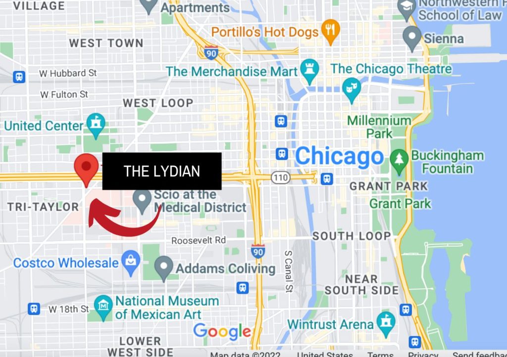 A map showing where The Lydian apartments in Chicago's Medical District are located