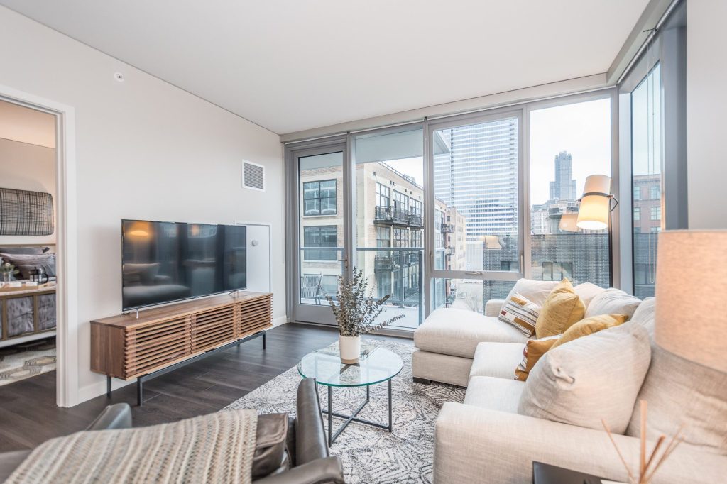 A light and bright living space inside Milieu apartments in West Loop