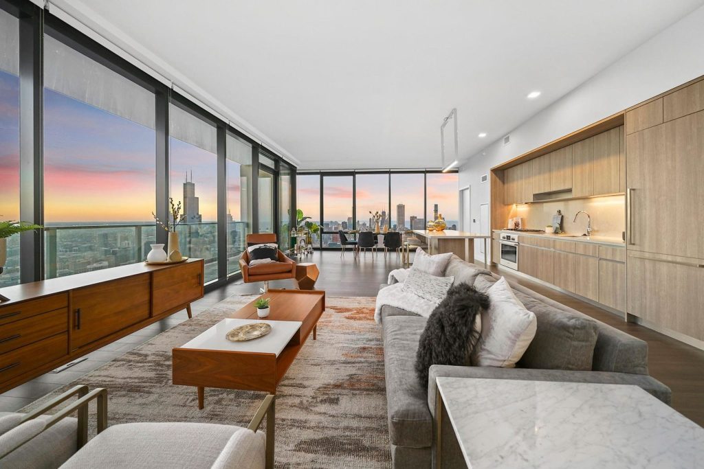 A living room at NEMA apartments in South Loop Chicago