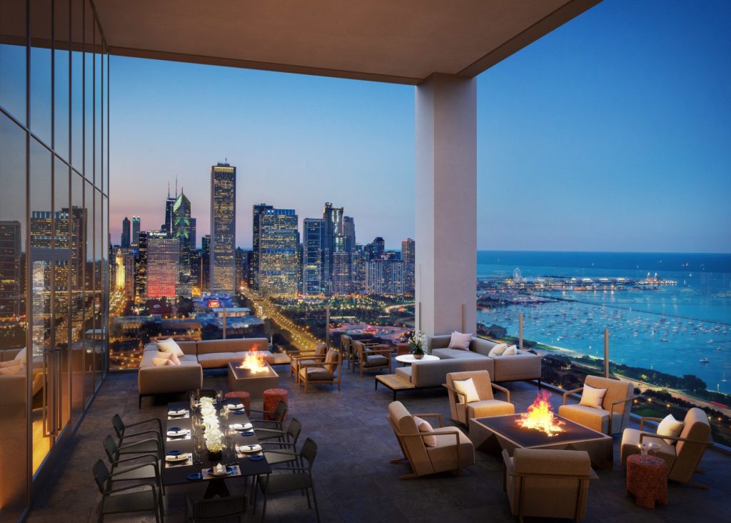 An evening view of Lake Michigan from luxury apartment building, NEMA