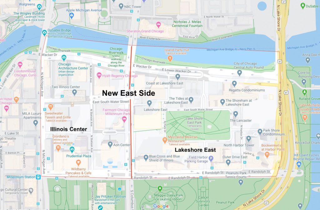 Map of Chicago's New East Side, a part of the Lakeshore East neighborhood