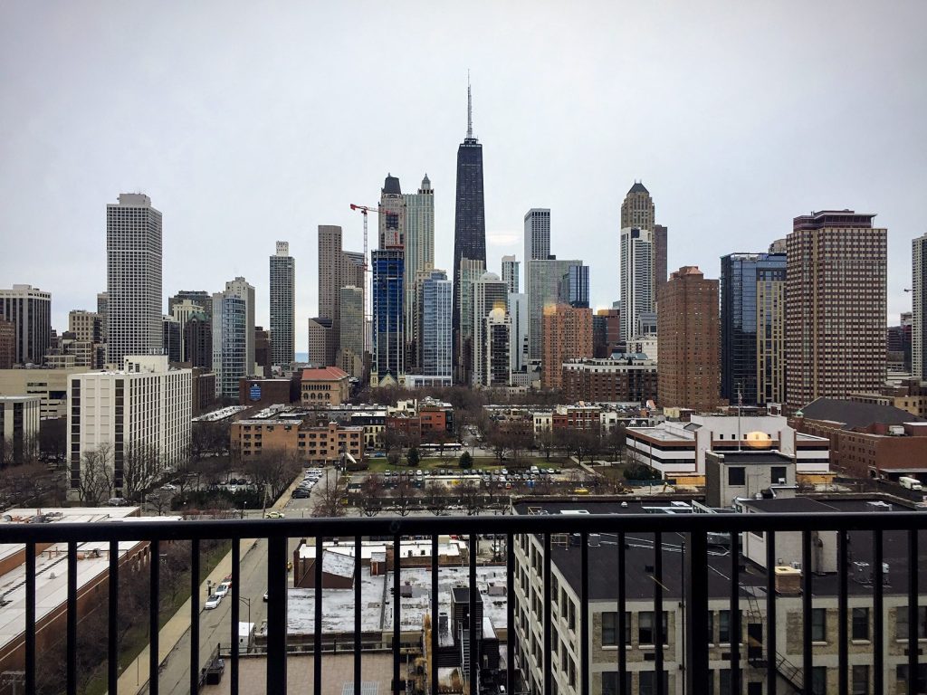 A Chicago skyline view from luxury apartment building Niche 905