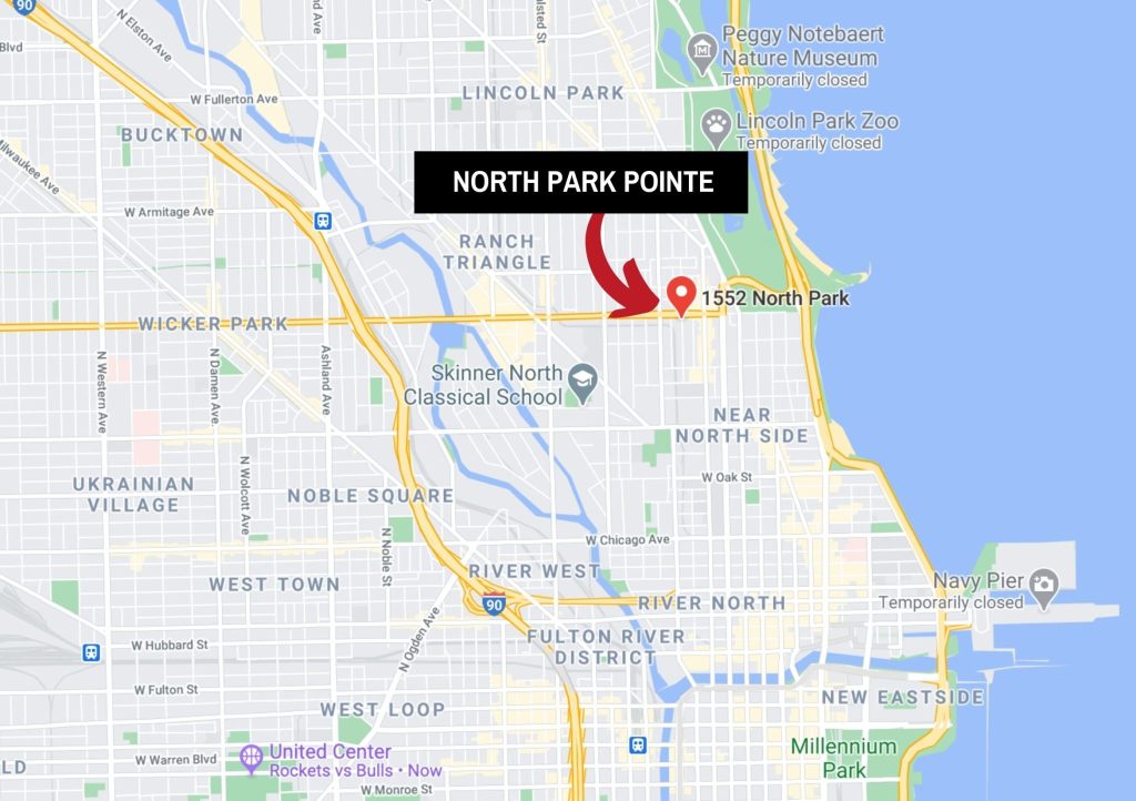 A map of the neighborhood around North Park Pointe apartments in Chicago's Old Town neighborhood