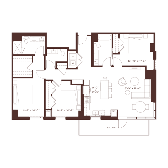 North and Vine Apartments two-bedroom plus penthouse floor plan
