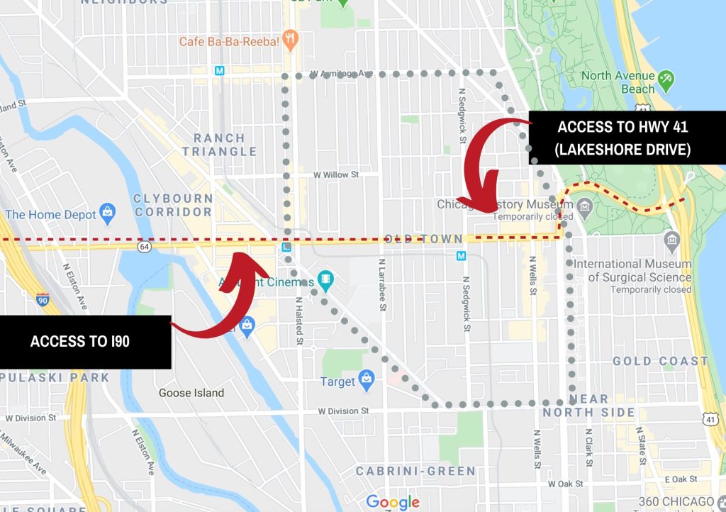 Map of access to highways near Chicago's Old Town neighborhood 