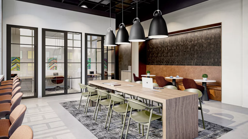An image of the cool and modern coworking space at One Six Six Apartments in Chicago's Fulton Market. 