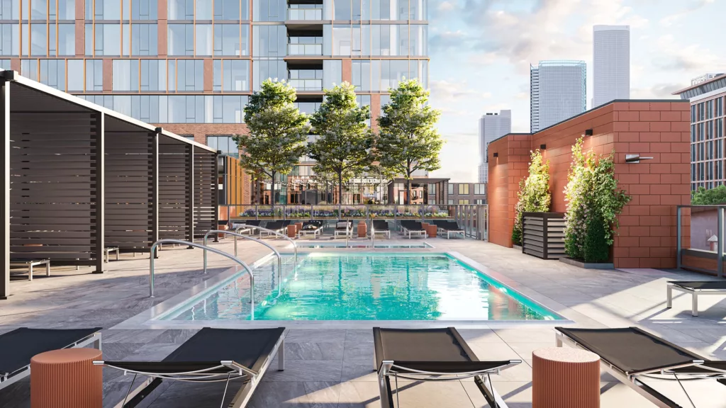 An image of the outdoor roof top pool at One Six Six apartments in Chicago's Fulton Market neighborhood. 
