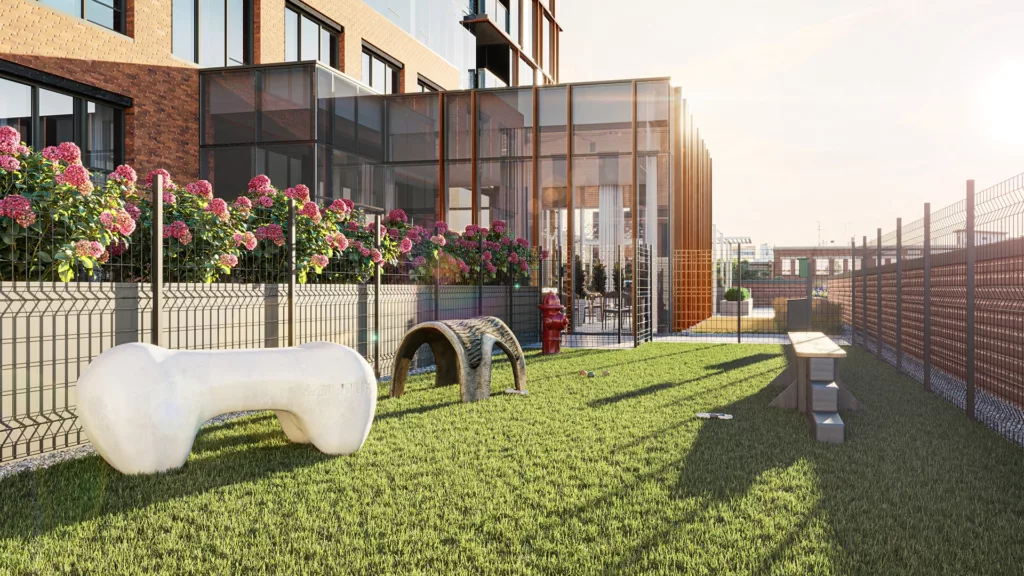 An image of the outdoor dog park at One Six Six apartments in Fulton Market in downtown Chicago. 