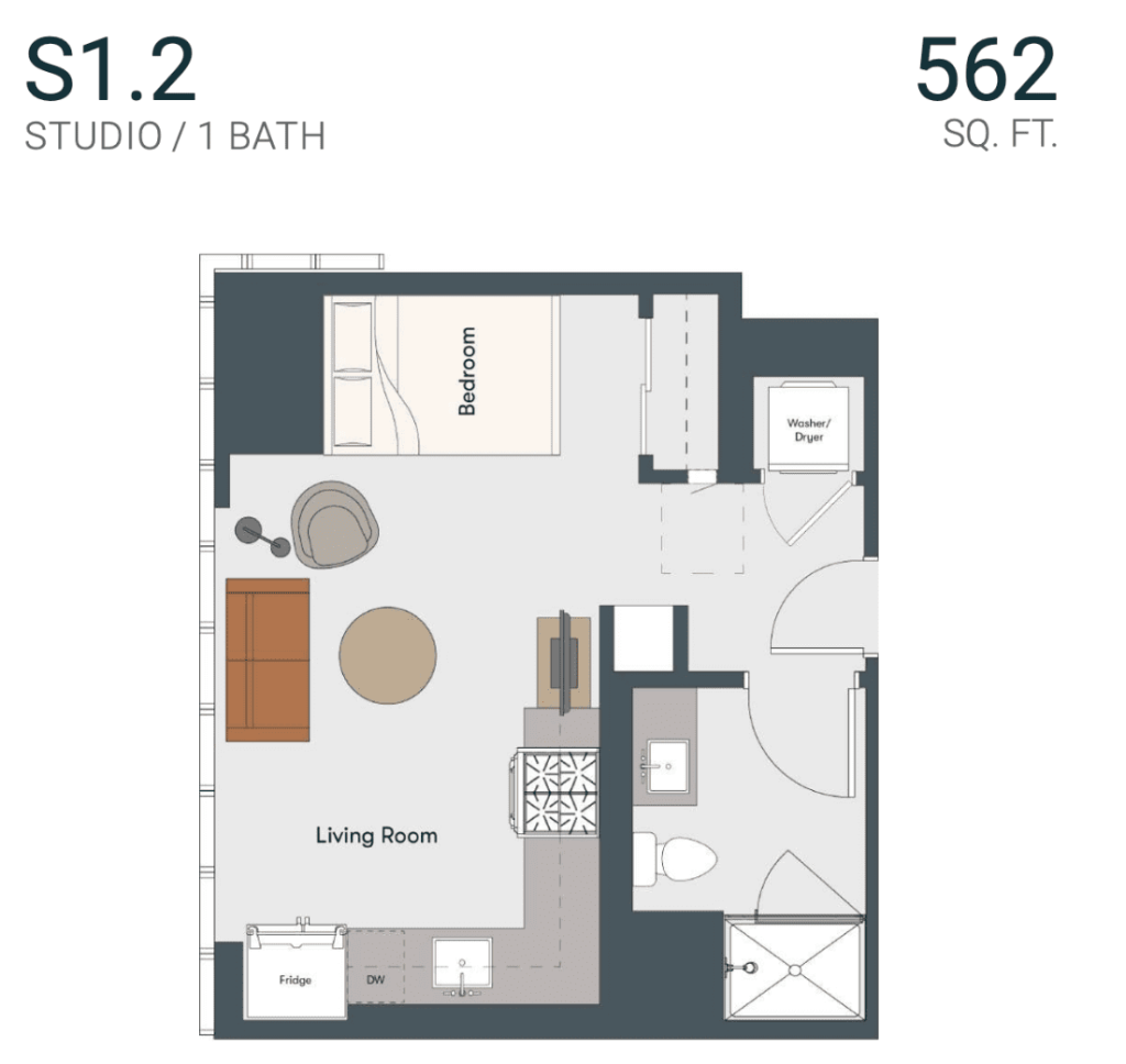 A digital rendering of a studio apartment floor plan at One Six Six apartments in Chicago's Fulton Market.
