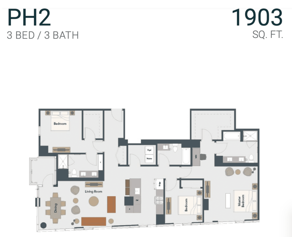 A digital rendering of a three bedroom apartment  at One Six Six luxury apartment in Chicago's Fulton Market neighborhood.