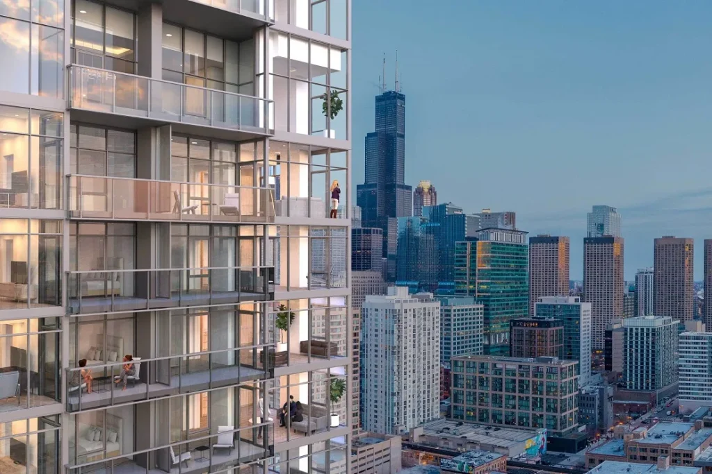 Rendering of outside of Onni Fulton Market with balconies.