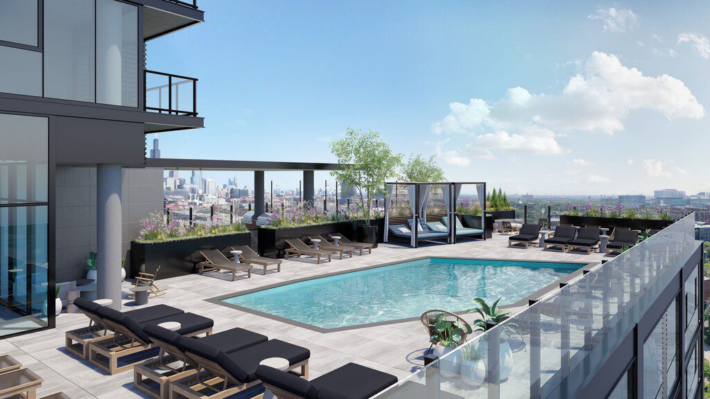 The rooftop pool at Parq Fulton luxury apartments in Chicago's West Loop neighborhood