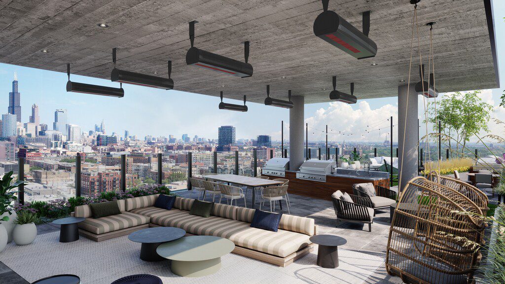 The outdoor lounge space at Parq Fulton luxury apartments in Chicago's West Loop