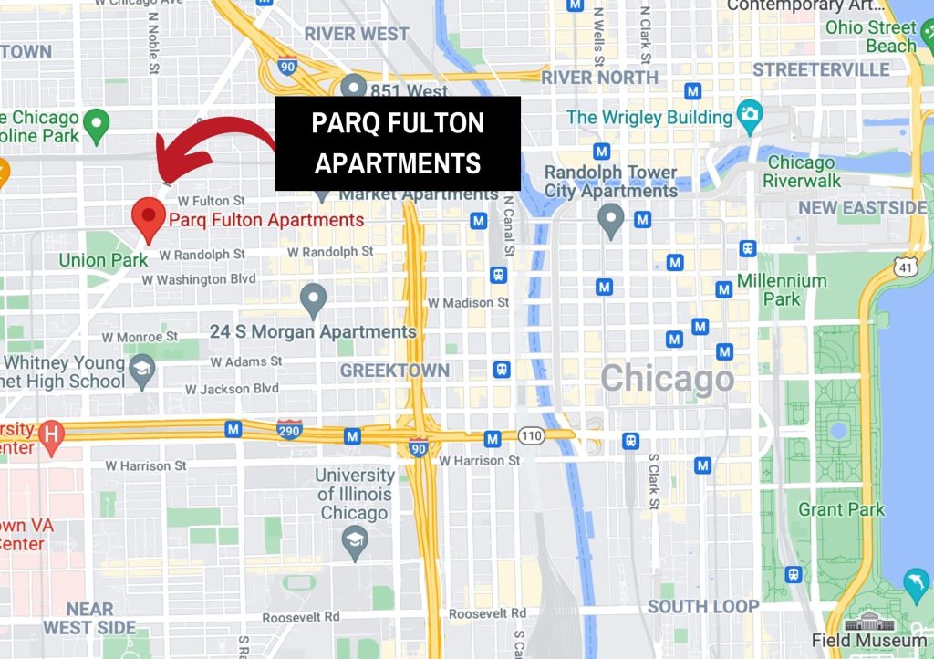 A map of the neighborhood around Parq Fulton apartments in Chicago's West Loop