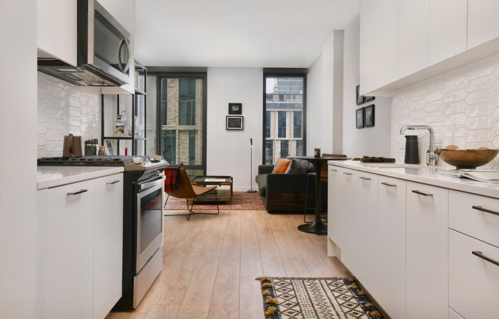 A beautiful kitchen space inside Porte Apartments in West Loop