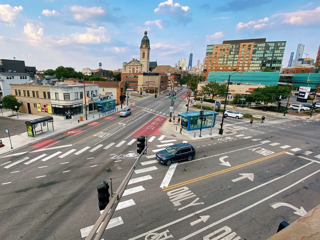 A bird's eye view of the 6-corner intersection in Chicago's River West neighborhood