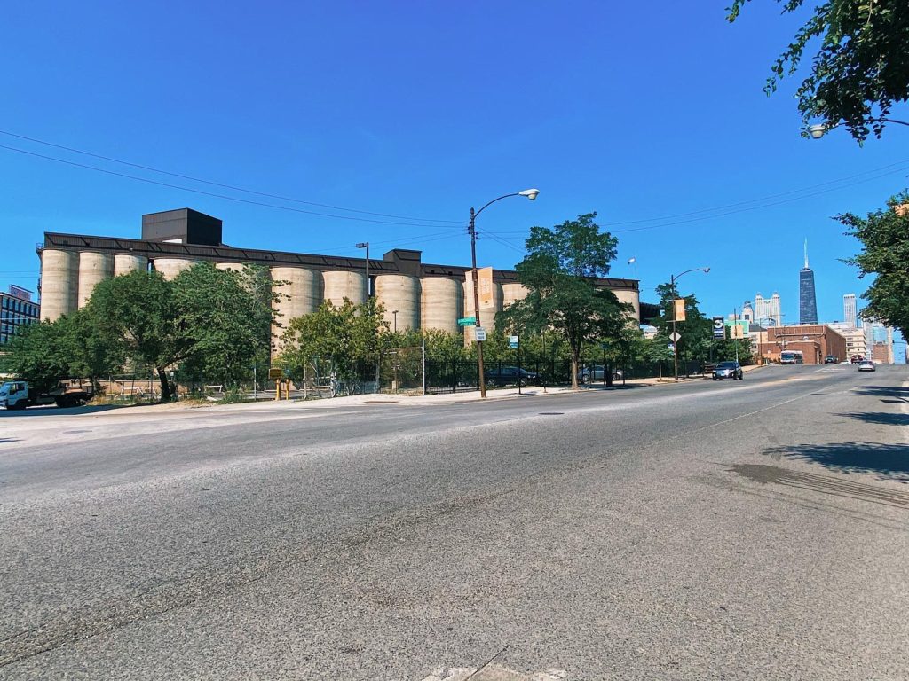 Giant silos mix concrete at Prairie Material, one of the few remaining industrial companies in River West