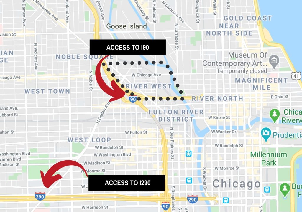 A map of highway access in Chicago's River West neighborhood