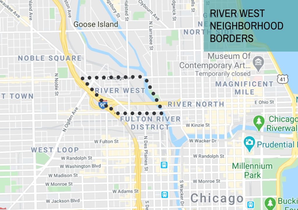 A map of Chicago's River West neighborhood and its borders