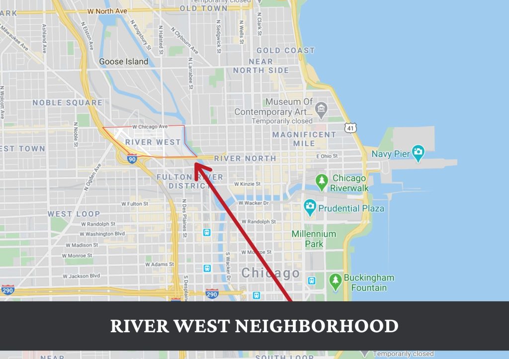 A map of the location of downtown Chicago's River West neighborhood