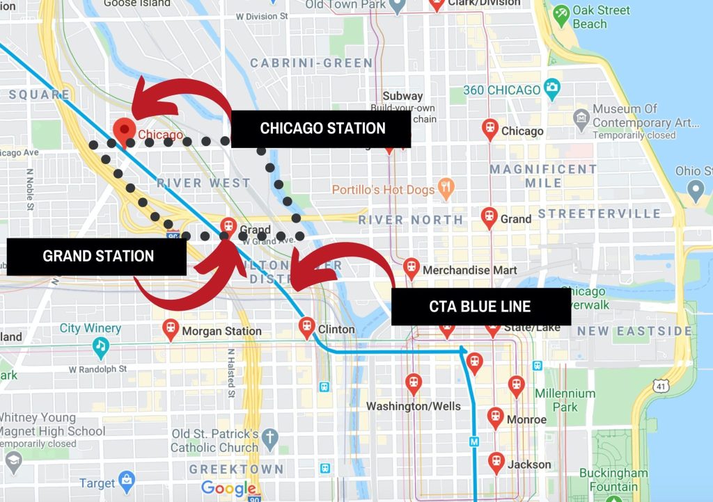 A map of transit stations in Chicago's River West