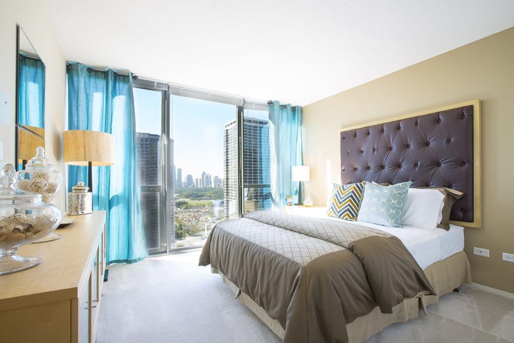 View of a bedroom at Shoreham Apartments in Chicago's Lakeshore East neighborhood