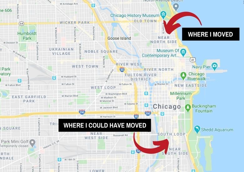 A map of Chicago's South Loop compared to the North Side