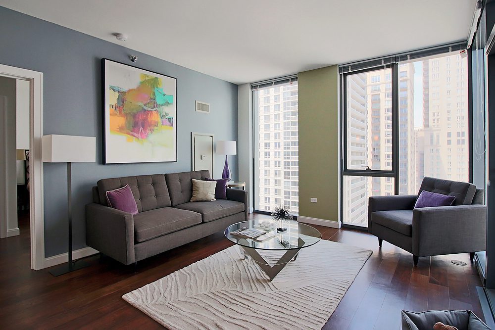 A view of an apartment living room at State & Chestnut in Chicago's Gold Coast neighborhood