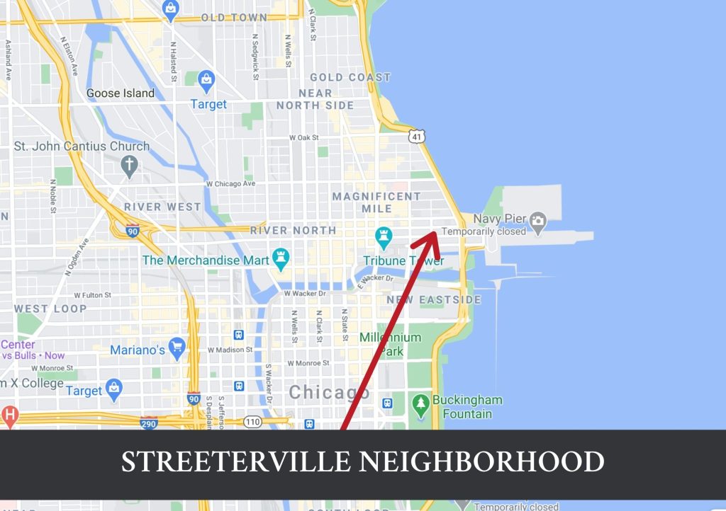 A map of downtown Chicago that points out the Streeterville neighborhood