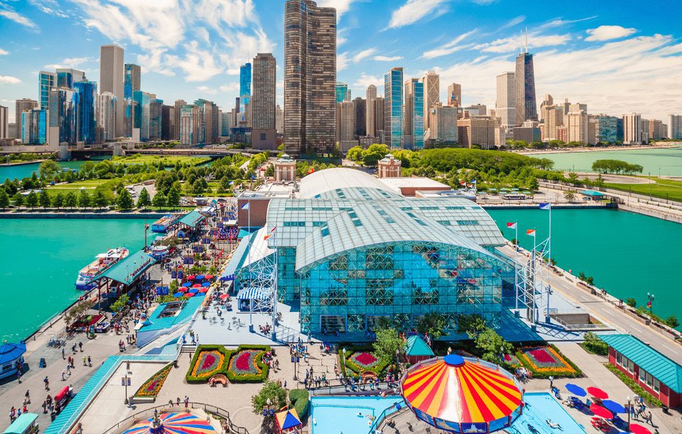 Navy Pier in Streeterville facing City of Chicago in Summer