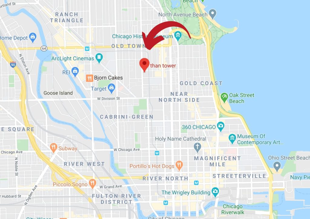 A map of the neighborhood around Than Tower luxury apartments in Old Town Chicago