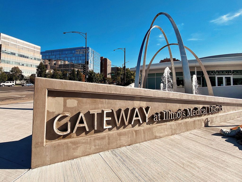 A view of finishing touches of the retail plaza for Gateway Illinois Medical District, a 10-acre development project on the near west side of Chicago.