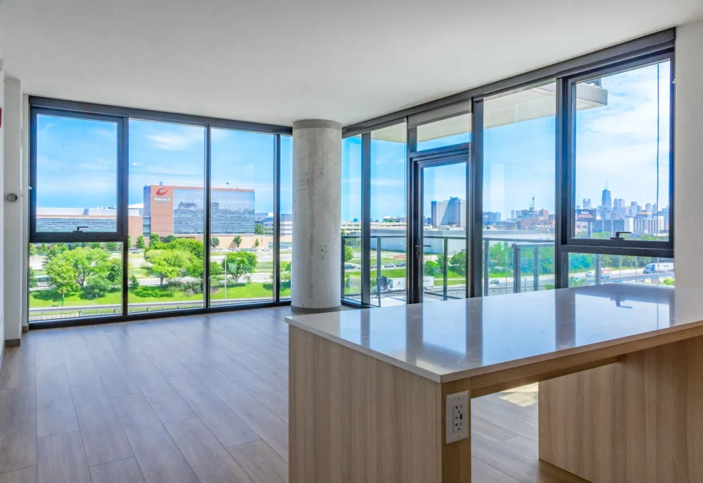 An interior of The Lydian apartments kitchen and living space in Chicago's Medical District