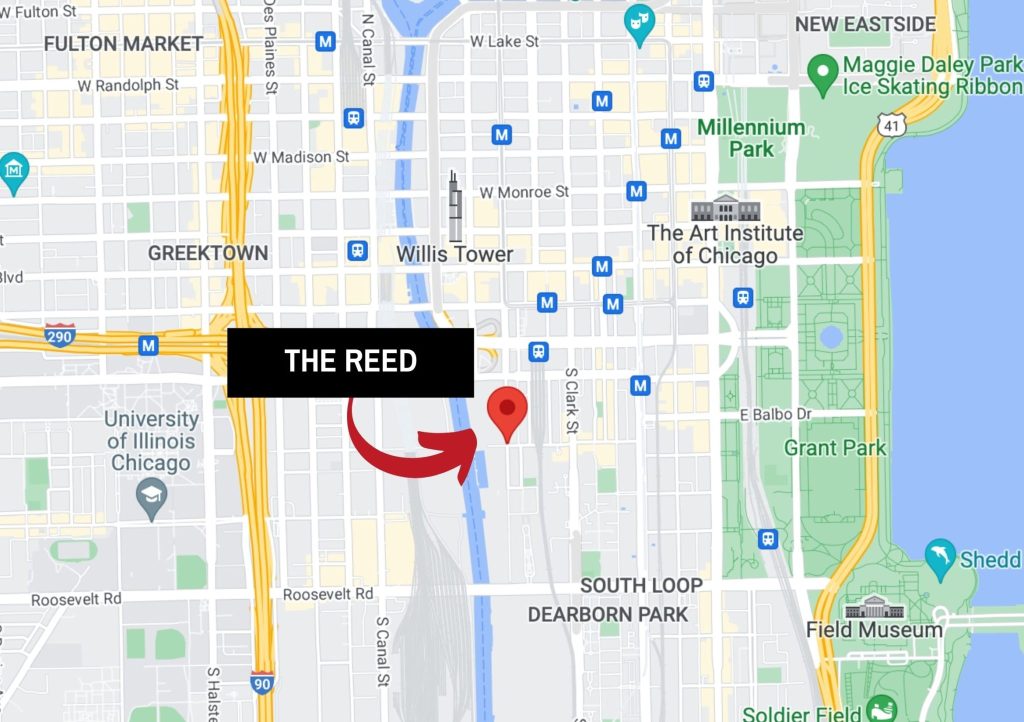 The neighborhood map around The Reed luxury apartments in Chicago's South Loop