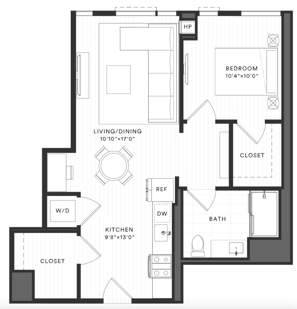 One bedroom floorplan at The Reed.