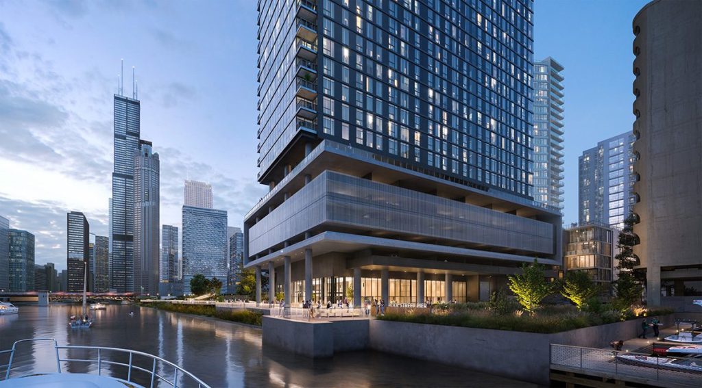 A rendering of the ground level at The Reed luxury apartments in Chicago's South Loop