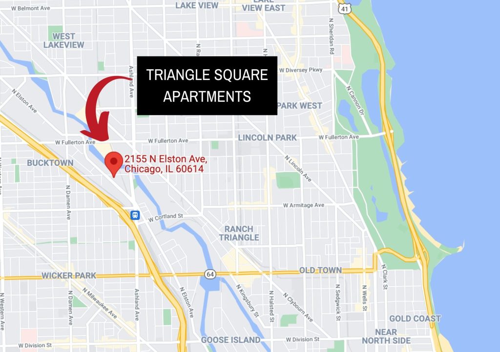 A map of the neighborhood around the Triangle Square Apartments in Bucktown
