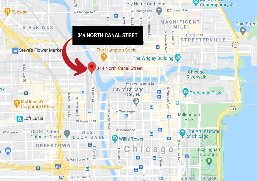 A map of Chicago's Fulton River neighborhood around 344 N Canal Street